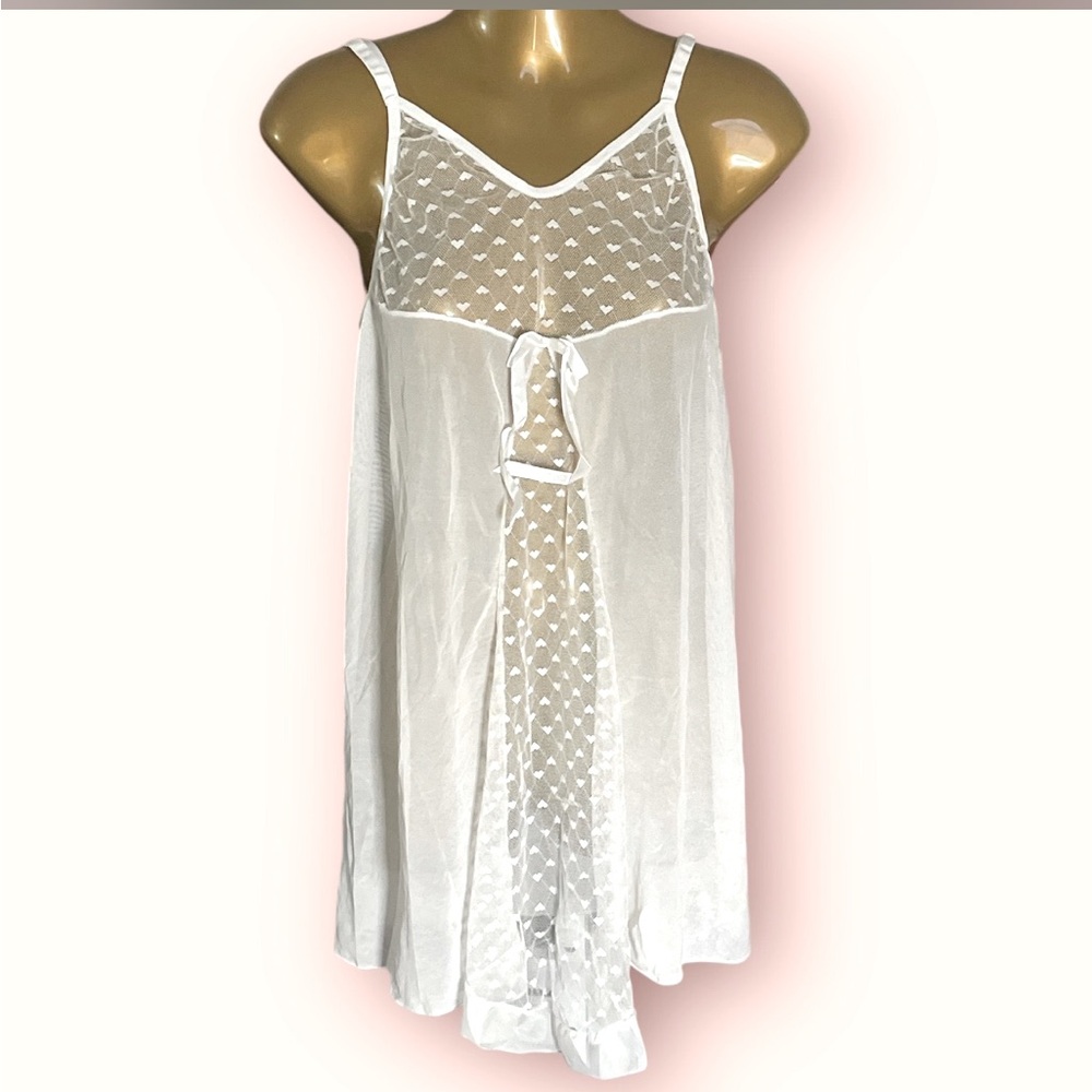 Intimate & ShapeWear White Hearts Bridal Mesh & Lace Babydoll Gown W/Panties NWT